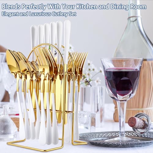 Image of 24 Pieces Flatware Set, Stainless Steel Cutlery Set with Silverware Holder, Modern Gold Silverware Set Includes Dinner Knives Forks Spoons,Hanging Silverware (White)