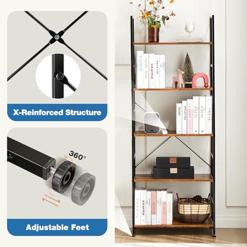 DUMOS 5 Tiers Bookshelf, Classical Modern Book Shelf, Tall Display Shelves in Living Room/Home/Office, Storage Organizer for CDs/Books/Movies, Rustic Brown - Image 6
