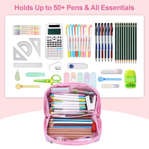 Image of Pencil Case for Girls, Durable Kids Pencil Pouch for School, Wide Opening Soft Pen Bag with Handle, Fits 50 Pens & Markers (Glitter Pink Memarid)