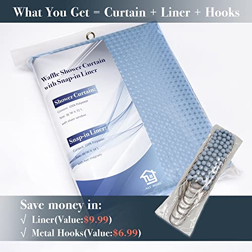 N&Y Home Stall Waffle Weave Shower Curtain With Snap-In Fabric Liner & Hooks Set - 36" X 72" Small Shower Stall Size, Hotel Style & Mesh Top Window, Machine Washable - 36X72, Blue #TOP3