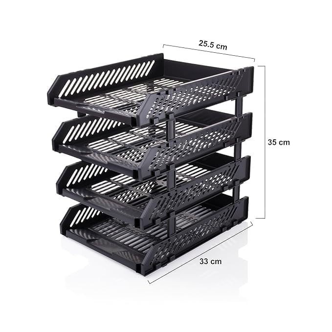 Image of File Tray Rack ABS Plastics | Foldable Office Desk Accessories | Durable & Sturdy | Easy Assembly | Efficient Organizer | Plastic Office Stationery Files Layer Rack -4LAYER (Black) (4)