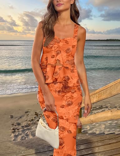 Image of Lrady Women's Two Piece Skirt Sets Beach Formal Wedding Guest Sleeveless Peplum Ruffle Party Maxi Bodycon Dress Outfits