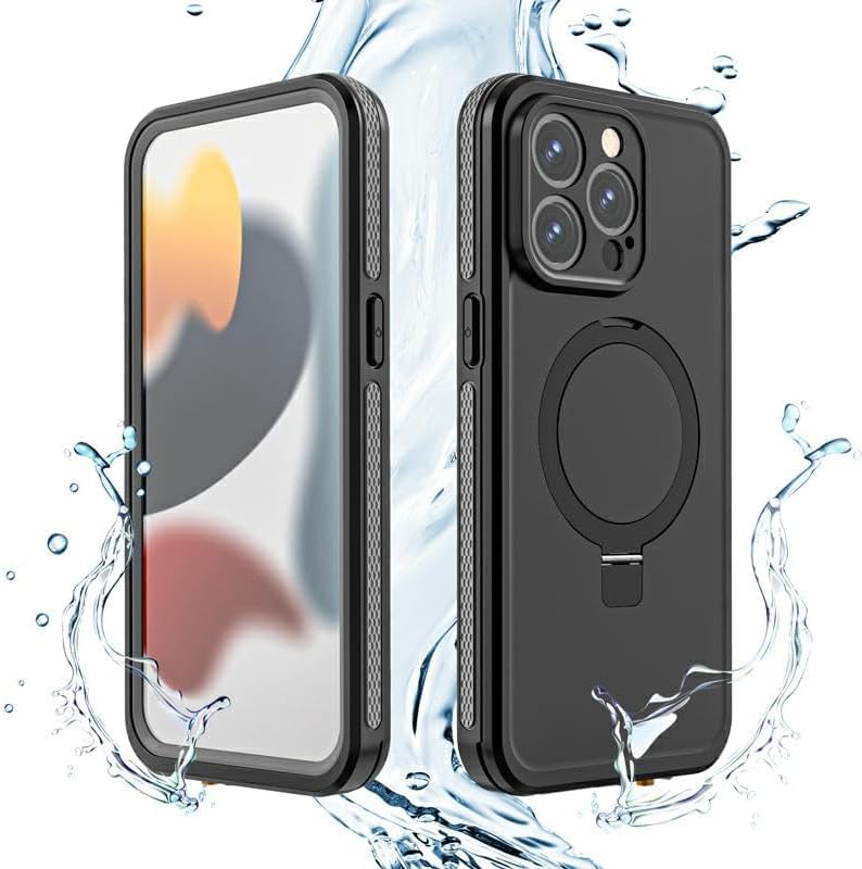 DISXKAER Waterproof case for iPhone 15 Pro Max, IP68 Waterproof Dustproof Case with Adjustable Metal Kickstand/Magnetic Ring Wireless Charging Slim Design Military Grade Protective Case (Black Ash)