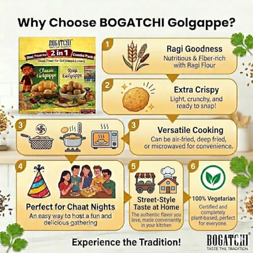Image of BOGATCHI 2-in-1 Gol Gappa Combo Pack - Classic Gol Gappe 200g + Ragi Gol Gappa 200g | Healthy Ragi Pani Puri Puris | Crispy Chaat Shells for Home Snacks, Parties & Street Food Lovers