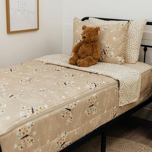 Image of Beddy's Butterfly Themed Durable Zipper Bedding for Kids - Bed in a Bag - Beige Sheets & Comforter with Butterflies, Hearts & Floral Design - Includes Pillowcase & Sham - Easy to Make & Wash - Twin