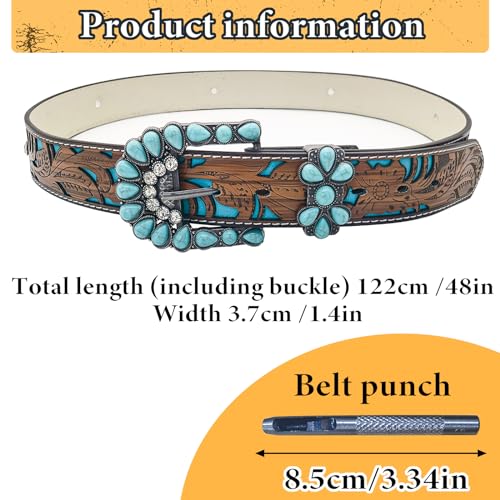 Western Belt for Women Men, Cowboy Cowgirl Floral Engraved Leather Belt Adjustable Brown Country Belt2