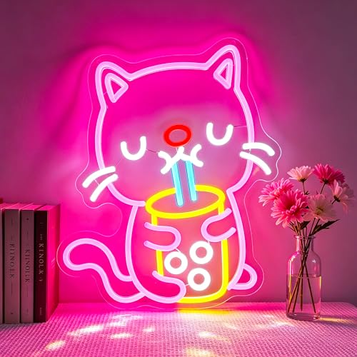Image of Neon Sign, Cat Neon Signs for Wall Decor LED Signs Neon Light | Cat Neon Sign, Cat Boba Tea Led Sign for Bedroom, Kids Room, Business, Cafe, Party, Bar, Home Decor, Gift, USB Powered