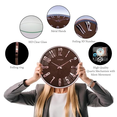 Image of RANDOM Silent Wall Clock, Brown with Rose Gold, Non-Ticking Quartz Movement, Metal Hands, 3D Foiling Numbers, HD Clear Glass