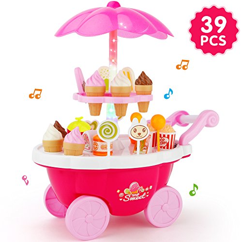 JoyGrow Eiswagen 39PCS Pretend Play Food Dessert und Candy Trolley Set Spielzeug mit Musik- und Lichtspielzeug für Mädchen und Kinder (Rot) Cover