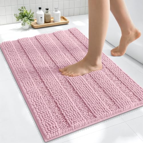 Image of Smiry Thick Small Chenille Bathroom Rugs 24x16, Extra Soft Absorbent Striped Bath Mat, Machine Washable, Rubber Backing, Bath Rugs for Bathroom, Tub & Shower, Home Decor Accessories, Dusty Rose