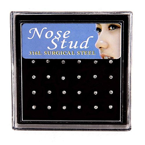 KeyZone 24 Pcs Lady Crystal Rhinestone Nose Ring Bone Stud Bar Surgical Steel White