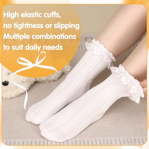 Jspupifip 6 Pairs Lace Ruffle Crew Socks for Women, Cotton Cute Princess Ankle Dress Lace Socks for Women Girls4