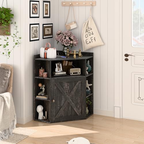 Image of Halitaa Corner Storage Cabinet, Farmhouse Corner Bookshelf with Storage 6-Cubby Wooden Cabinet with USB Ports and Outlets Industrial Organizer for Small Space, Study, Playroom, Living Room