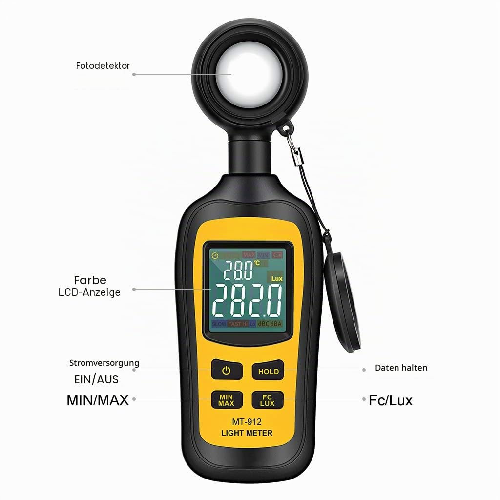 Digital Luxmeter Tragbare Photometer Belichtungsmesser Beleuchtungsstärke Lichtmesser mit Bereich bis zu 200.000 Lux und LCD Display (Gelb)