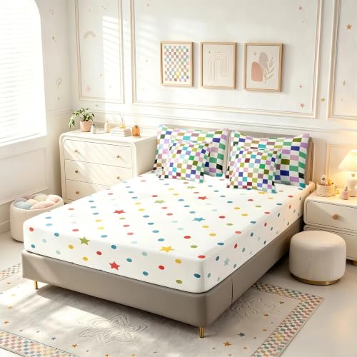 Image of Feelyou Colorful Checkered 7 Piece Bedding Set Teen Retro Modern Geometric Colorful Comforter Set with Sheets King Size Kids Boys Cute Neutral Plaid Bed in a Bag Vintage Aesthetic Room Decor