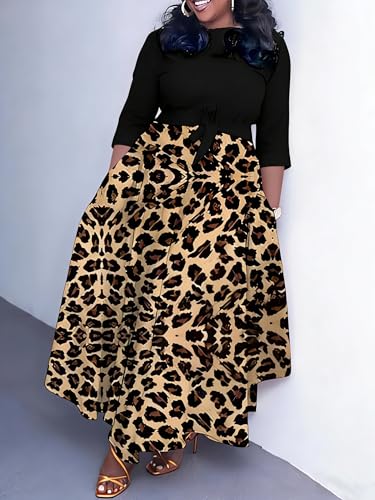 Image of Hostoyo Women Plus Size Formal A Line Maxi Dress Self Tie Waist with Pockets Elegant Round Neck Swing Long Dresses