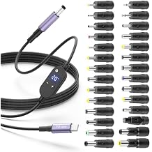 USB C to DC Adapter 140W USB Type C to DC 5.5x2.5mm 4.9FT Barrel PD Trigger Cable with 28 Tips, 5V/9V/12V/15V/20V/28V Multi Voltage Adjustable with LED Display for Tablets/Routers/Speaker