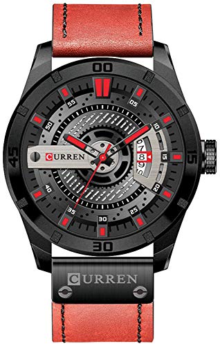 Mens Leather Strap Watches Sandwich Dial Black Plated Stainless Steel Classic Casual Dress Waterproof Date Analog Quartz Watch (X Red)