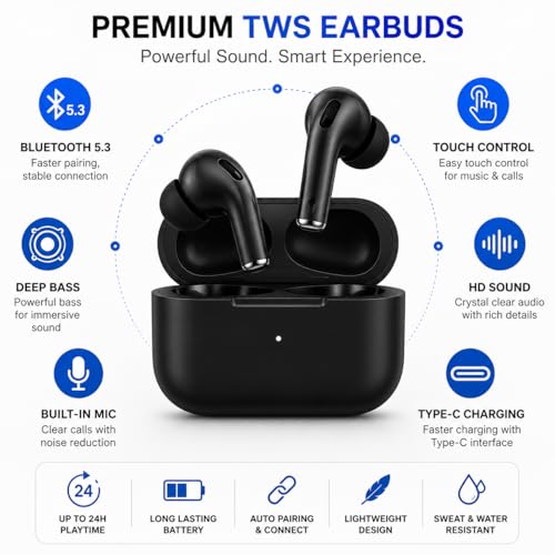 Image of TWS Earbuds with BT 5.3, Touch Control, Deep Bass, Mic, Type-C Charging (1, Black)