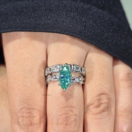 Marquise Cut Teal Blue Green Moissanite Engagement Ring Set with Vintage Inspired Solitaire and Square Diamond Eternity Band – Unique Bridal Ring Set for Women2