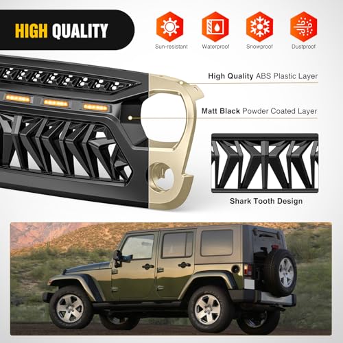 Image of Nilight Front Grill Cover for 2007 2008 2009 2010 2011 2012 2013 2014 2015 2016 2017 2018 Wrangler JK /JKU Rubicon & Sahara Sport with LED Amber Lights Black