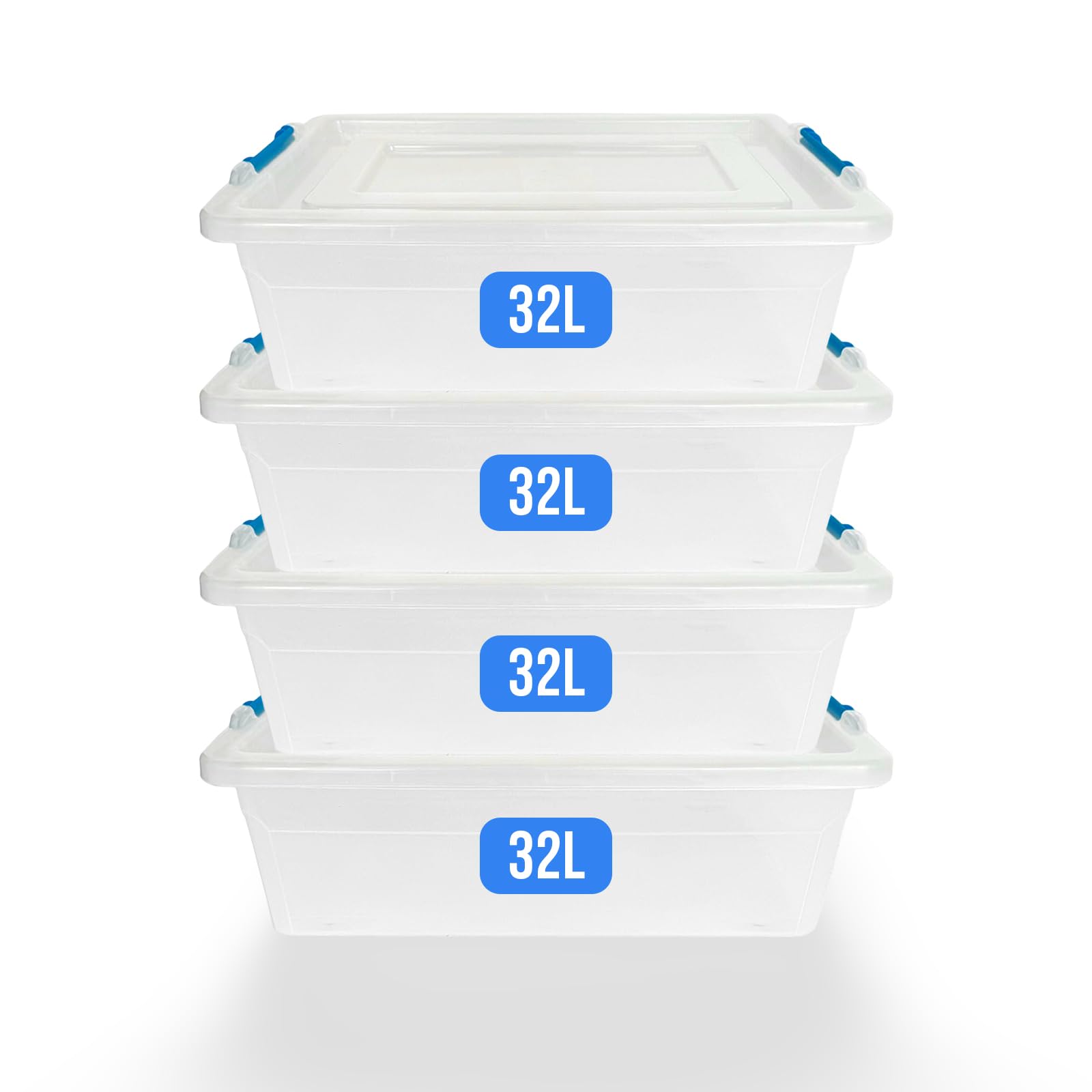 KAPCO Clear Plastic Boxes with Clip-Lock Lids – 4 x 32L Underbed Organizer – Stackable Durable Plastic Containers for Home Office Bedroom Kitchen – BPA-Free, Nestable, Space-Saving Design | 32 Litre