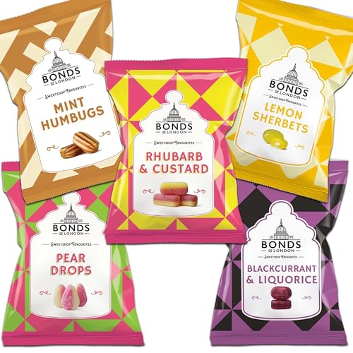 Bonds of London 5 Hard Candy Gift box British Candy Old fashioned Candy Old school English candy Assortment Retro Candy flavors Rhubarb and Custard Candy Mint Humbugs Lemon Sherbet Pear Drops blackcurrant and Liquorice 5 x 120 bags UK Candy Inc Fun Fact Sheet (Mint Humbugs)
