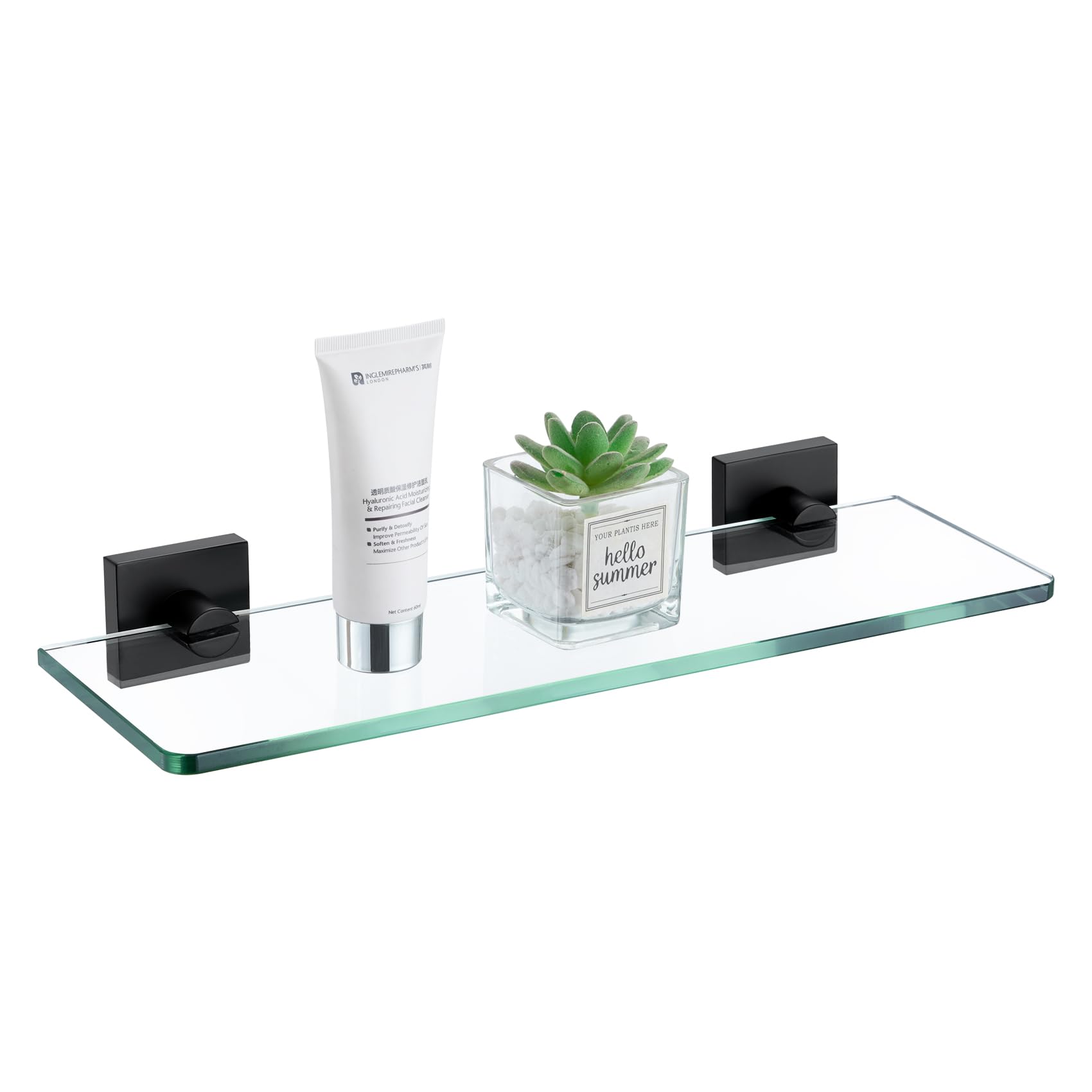 KOKOSIRI Bathroom Glass Shelf 16-Inch Tempered Glass Floating Shelves Shower Storage Kitchen Hanging Rack Wall Mount, Black Stainless Steel B1107BK-L16