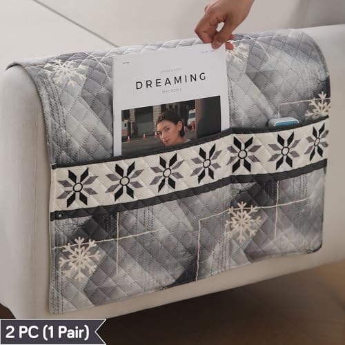 Image of HOKIPO 'LiefNest' Printed Holland Velvet Sofa Armrest Covers | 1 Pair | Snowflakes Gradient Grey (IN-827-L-D9*2)