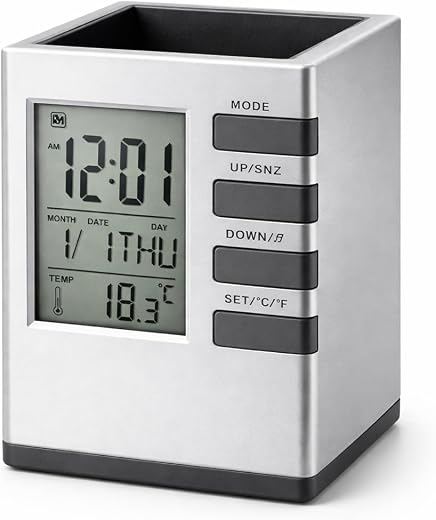 Silver Cube Digital Pen Stand & Desk Clock