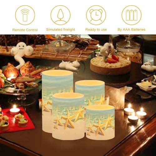 Image of Battery Operated Tea Lights Candles with Timer, Flickering Flameless LED Pillar Color Changing Candles with Remote for Beach Coastal Decor Beach Starfish Blue, Set of 4