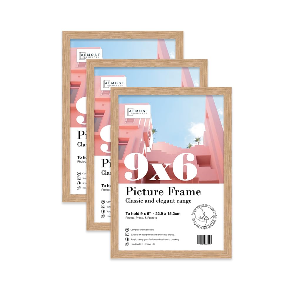 Almost Frameless 9x6 Oak Picture Frame Set of 3, Display 9x6 Picture Gallery Wall, Poster, Photo, Artwork, or Print, Yellow
