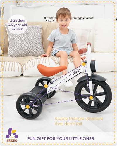 Image of KRIDDO Kids Tricycle, 12 Inch Puncture Free Wheel w Front Light, Adjustable Seat Height, Gift for 2-5 Year Olds, White