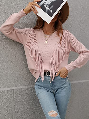 Image of Women's Casual Crewneck Fringe Tassels Crochet Long Sleeve Knitted Fall Sweater Pullover Tops