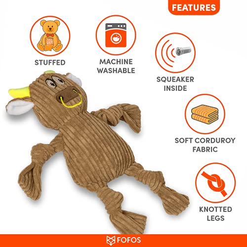 Image of BarkButler x Fofos Fluffy Cow Stuffed Soft Squeaky Plush Dog Toy,Brown|for X-Small- Small Dogs(0-10kgs)|Knotted Legs|Squeaker|Machine Washable|Corduroy Fabric|for All Breeds|Cuddle, Chew, Fetch