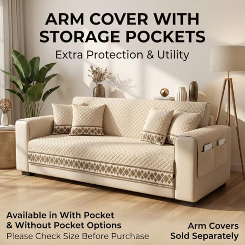 Image of KINGLY Sofa Cover 3 Seater Fully Covered | Stretchable Anti-Slip Slipcover | Washable Furniture Protector | Cream Beige | Seat & Back | Set of 2Pc