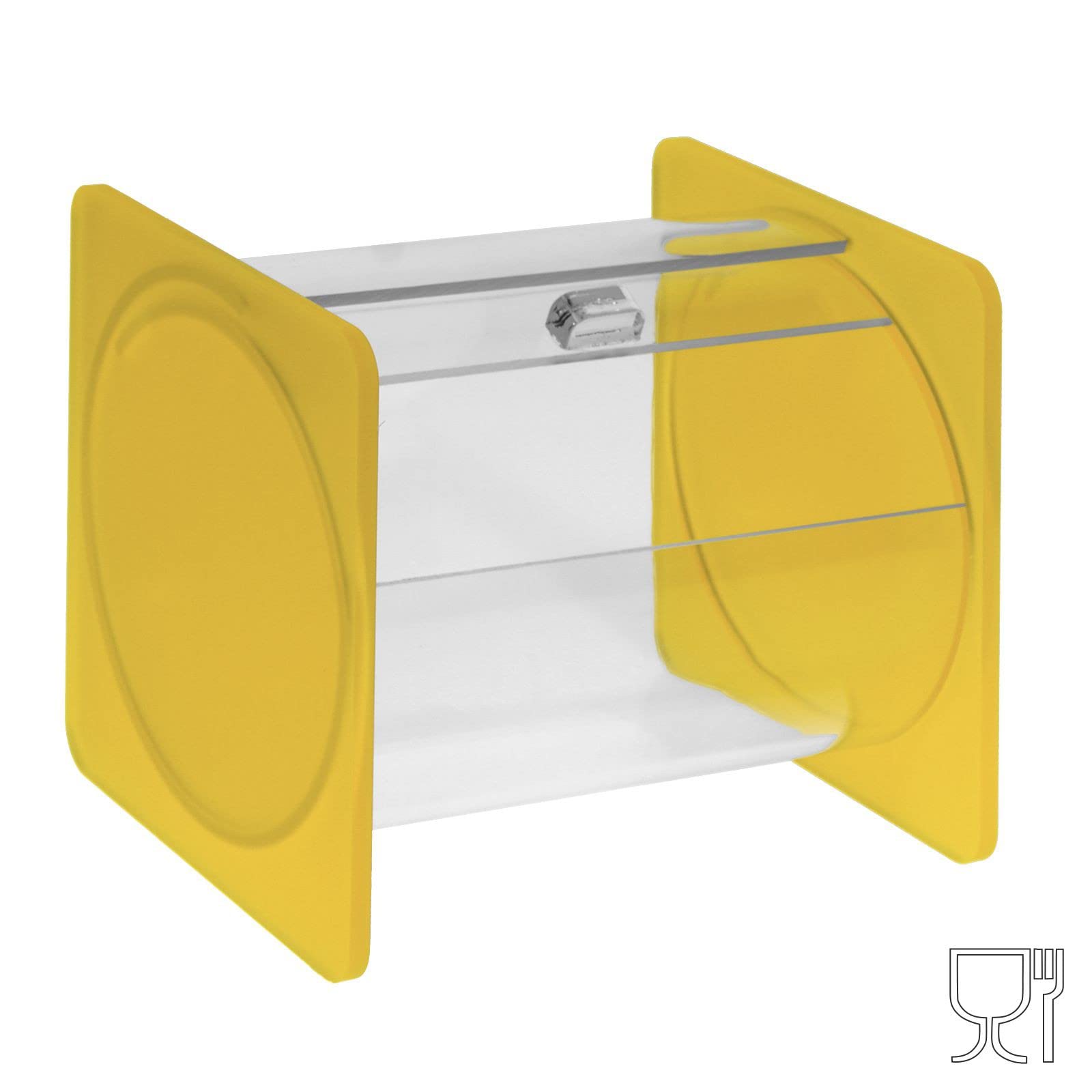 Portacaramelle confezionate sezione circolare in plexiglass trasparente e con pannelli laterali in plexiglass satinato GIALLO - Misure totali: L 15 x P 14 x H 14 cm