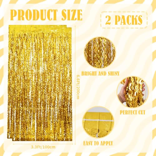 Image of TONIFUL 2Pcs Wavy Gold Metallic Tinsel Foil Fringe Curtain Laser Streamers | 3.3ftx6.6ft Photo Booth Backdrop Tinsel Streamer Curtain, Props for Bachelorette Birthday New Year Graduation Christmas Decor