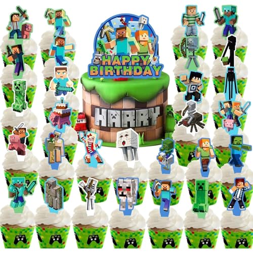 30 Pcs Pixel Styled Gamer Cake Decorations, Happy Birthday Cake T...
