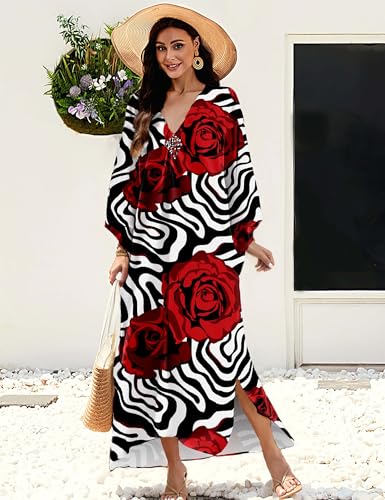Image of MAKABO Kaftan Dresses for Women, V Neck Moo Moos Colorful Print Cover Ups Caftan Beach Dresses for Swimwear