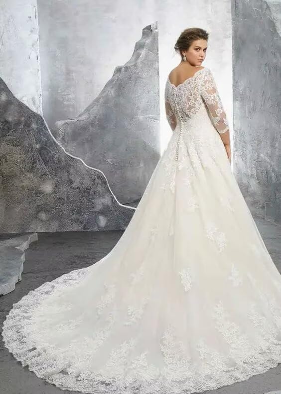 Women's Long Sleeve Wedding Dresses for Bride Lace Appliques Boho Bridal Dress Tulle Bridal Ball Gown with Train RWDD392