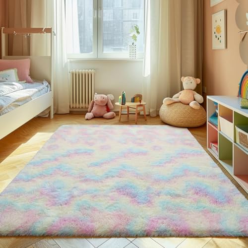 8x10 Fluffy Area Rugs for Living Room,Shag Area Rug for Bedroom,Soft Fuzzy Rug Non-Shedding Indoor Plush Carpet for Kids Bedroom Nursery Home Decor,Rainbow