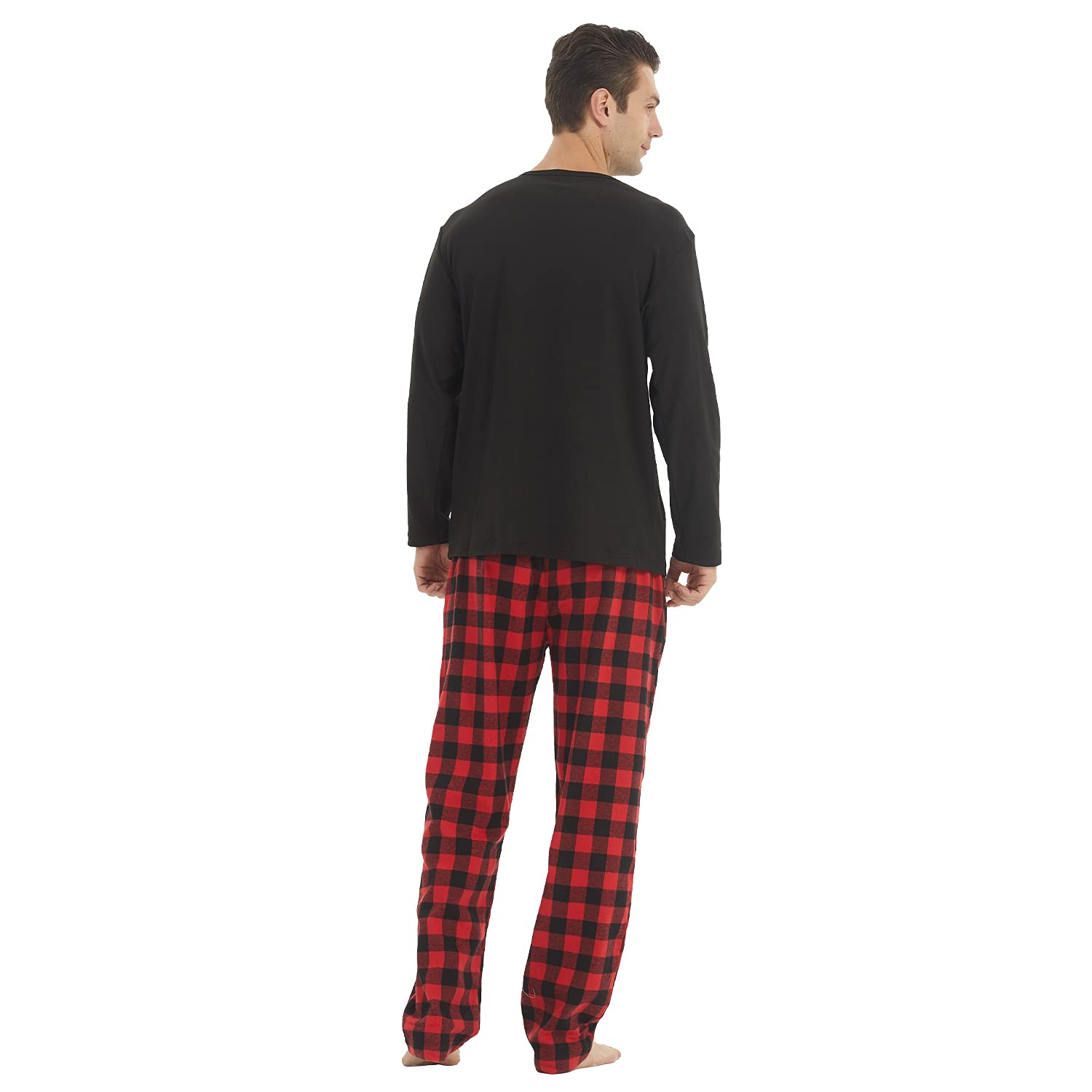 Pigiama da uomo, lungo, in cotone, invernale, a maniche lunghe, in flanella, a quadretti, con tasca, in morbido pile