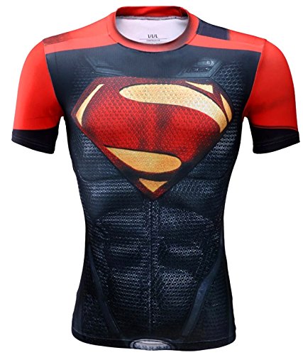 Camiseta manga corta compresion hombre fitness para correr, pesas, gimnasio y culturismo. (superman) L
