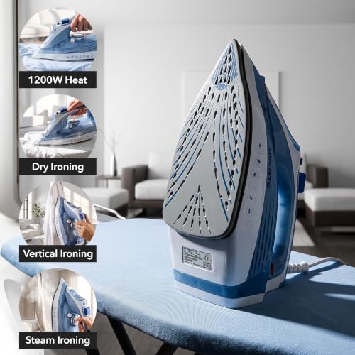 Image of OVENTE Steam Iron, 1200W, Non-Stick Soleplate, 350mL, Blue IRNL77BL | With Water Spray Function, Precise Thermostat Dial, Auto Shutoff, Self-Cleaning, Anti-Drip, Ideal for Ironing Fabrics