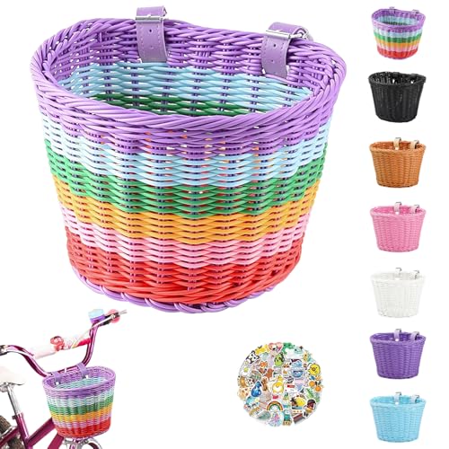 Kids Bike Basket Small Hand-woven Plastic Wicker Front Basket for Boys & Girls Easy to Install & Waterproof (Rainbow)