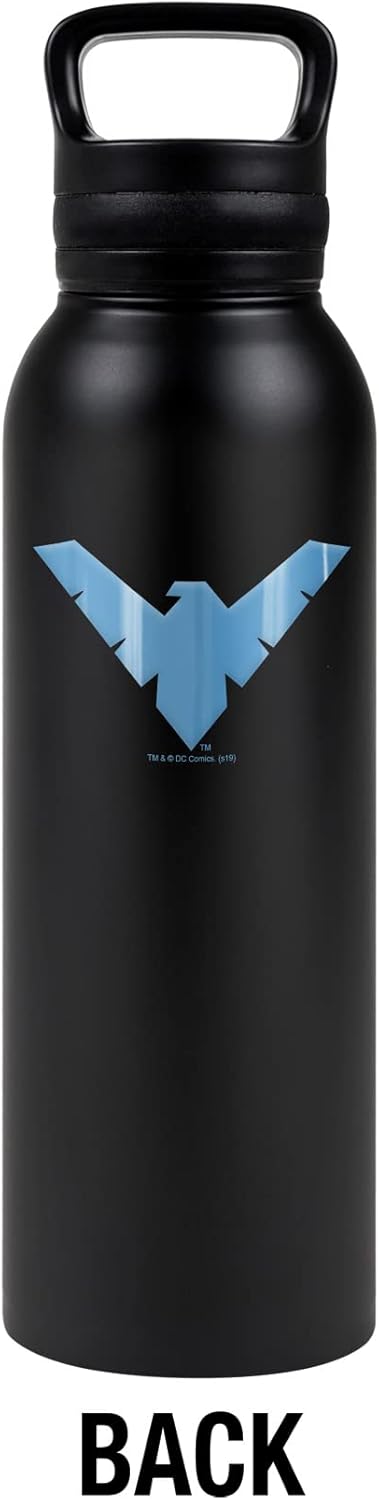 Batman OFFICIAL Batman Nightwing Logo Pattern 24 oz Insulated Canteen Water Bottle, Leak Resistant, Vacuum Insulated Stainless Steel with Loop Cap, Black