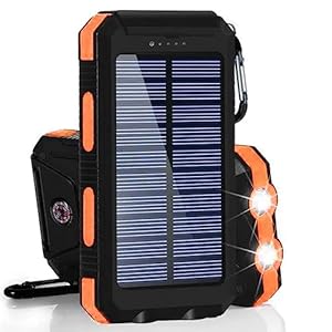 Fast Charging 20000 mAh Solar Power Bank with Dual USB Ports | Portable Solar Phone Charger with 2 LED Flashlights & Compass | Waterproof Power Bank for Outdoor, Camping, Smartphones Tablets (Orange)