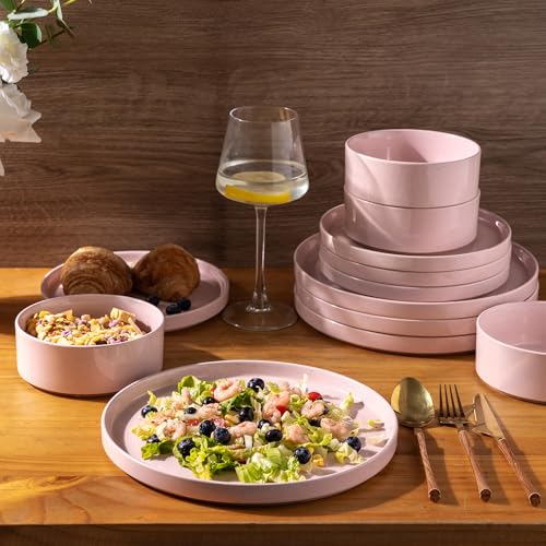 Image of AmorArc Ceramic Dinnerware Set for 8 | Speckled Stoneware Plates and Bowls with Rustic Terracotta Underside| Scratch Resistant,Dishwasher & Microwave Safe Dishes Sets- 24pcs Pink