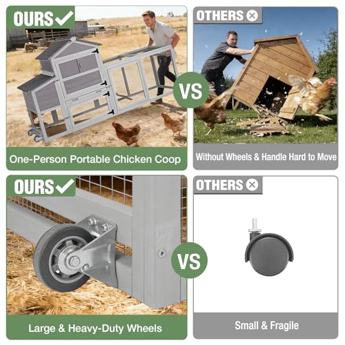 Image of Mobile Chicken Coop with Wheels for 4-6 Chickens, Large Outdoor Hen House with Run, Weatherproof Asphalt Roof, Sectionable Nesting Box & Pull-Out Tray, 82.4 inch L x 25.8 inch W x 44.1 inch H - Grey
